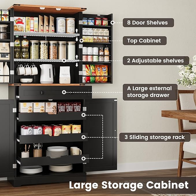 ELYKEN 72" Pantry Cabinet, Black Farmhouse Tall Kitchen Storage Cabinet with Drawer, Sliding Rack & Door Shelf for Spice Snacks Canned, Dining Room Kitchen