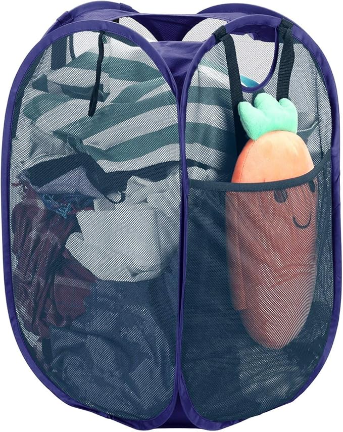 HOUSE AGAIN [Reinforced] Strong Mesh Pop-up Laundry Hamper, Quality Collapsible Laundry Basket with Durable Handles Solid Bottom High Carbon Steel Frame, Easy to Open and Fold Flat for Storage(Blue)