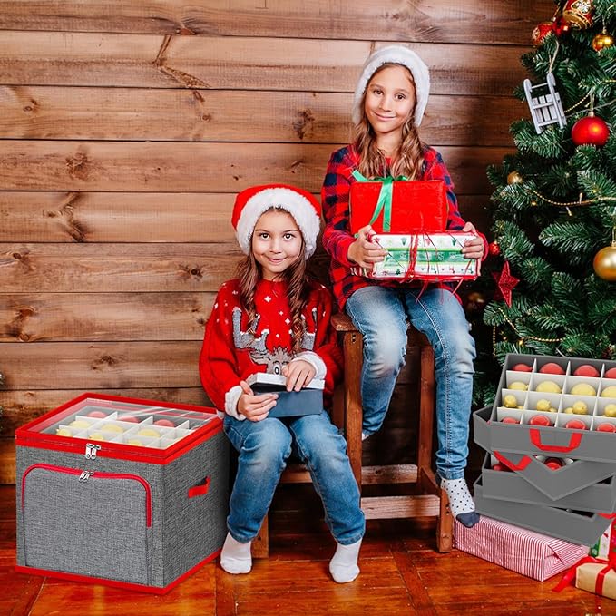 VERONLY Ornament Storage Box with Dividers, Christmas Ornament Storage Containers Include Trays and Zippers, Holiday Ornaments Storage Container with Handles for Xmas(64 Ball, Grey)