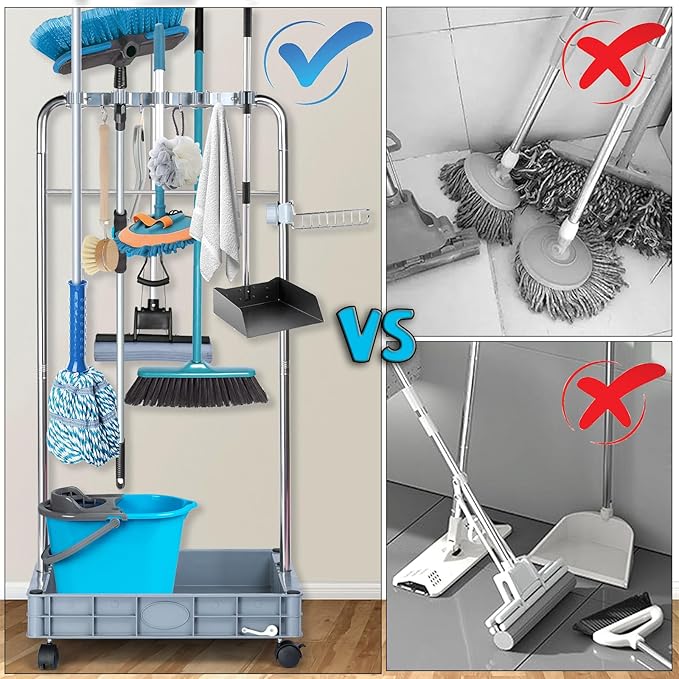 Broom Holder Organizer Movable Closet Storage Cabinet Mop Rack Floor Standing Cleaning Tool Cart For Garden Garage Schools Hotels Hospitals Factories Property Companies Restaurant (with Tank)
