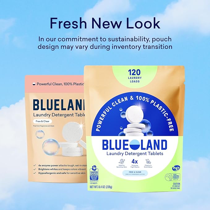 BLUELAND Laundry Detergent Tablets, 120 Count, Plastic-Free Eco-Friendly Pods, Sheets, Liquid Alternative - Fragrance Free and Clear, Natural, Gentle