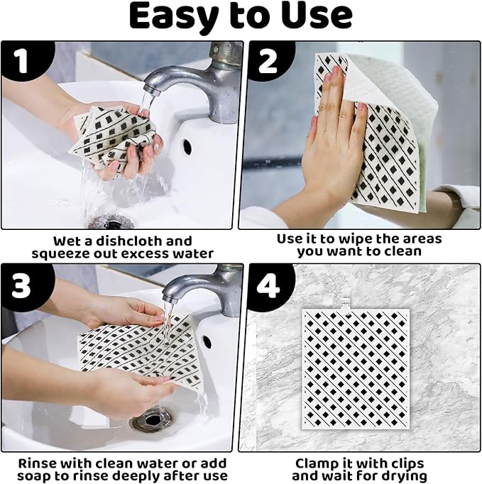 6 Pack Swedish Dishcloths for Kitchen,Swedish Rags Dish Towels with Clips, Reusable Paper Towels Washable Absorbent Cellulose Sponge Cloths No Odor for Cleaning Kitchen Valentines Gifts for Women