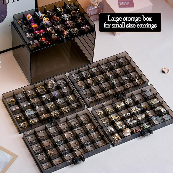 SPAKOWN Earring Organizer, Acrylic Jewelry Holder Organizer with 5 Drawers Stackable Earring Storage Case Jewelry Boxes for Women (Gray)