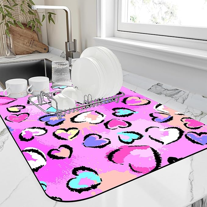 Chaotic Leopard Dish Drying Mat Hearts Element Leopard Kitchen Mat 12"x19" Bsorbent Coffee Maker Mat for Dishes Utensils Coffee Maker Pots and Pans Easy Clean Dish Slip Resistant Pad