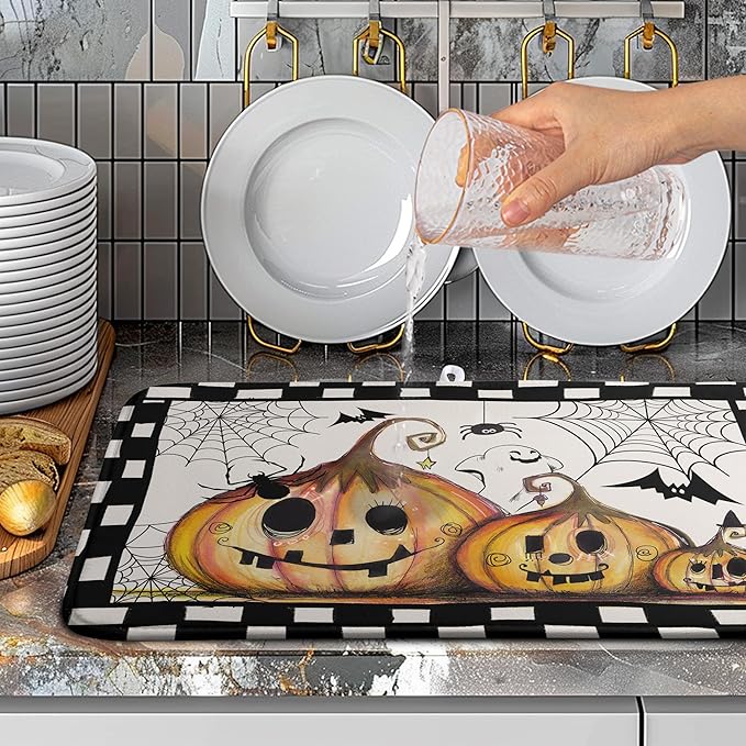 Wnoesat Happy Halloween Fall Pumpkin Dish Drying Mat for Kitchen Counter 18x24 In Spooky Ghost Bats Spider Web Buffalo Plaid Drying Mats Microfiber Dish Drainer Mat Large Absorbent Fast Dry Pad