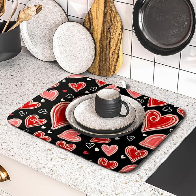 Valentines Day Dish Drying Mat for Kitchen Counter 18x16 Inch Black Red Heart Drying Mat with Absorbent Reversible Microfiber Love Dish Drainer Mats Rack Pad for Coffee Countertop Protector