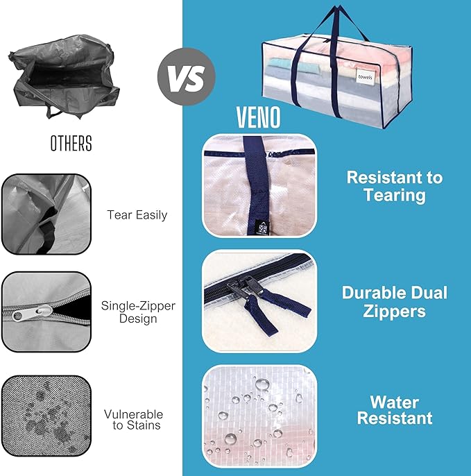 VENO 6 Pack Moving Bags, Christmas Storage Containers, Storage Bins with Lids, Reinforced Wraparound Handles, Packing Bags for Clothes, Bedding, Comforters (Clear, 6 Pack)