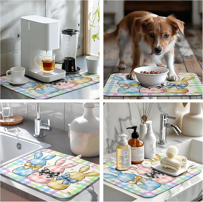 Wnoesat Easter Drying Mat for Kitchen Counter - 16x18 In, Multi-color (Buffalo Plaid), Microfiber & Composite Sponge, Cute Bunny Pattern, Absorbent Dish Drainer Mat