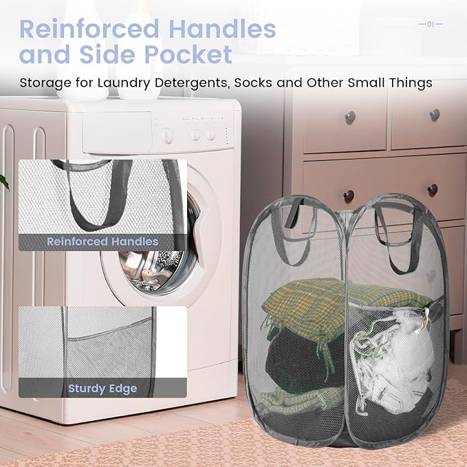 HOUSE AGAIN Mesh Popup Laundry Hamper, [Reinforced] Collapsible Laundry Basket, Foldable Pop Up Hamper with Durable Handles, Easy to Open and Fold for Dorm, Laundry Room, Bedroom, RV, (Grey）