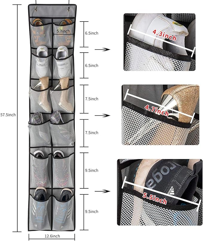 KEEPJOY Over The Door Shoe Organizer 2 Pack,Mesh Pockets Hanging Shoe Rack Over The Door,Shoe Storage Closet with 4 Hooks,Washable and Breathable Fabic,Large Size 57.5×12.6inch(Grey)