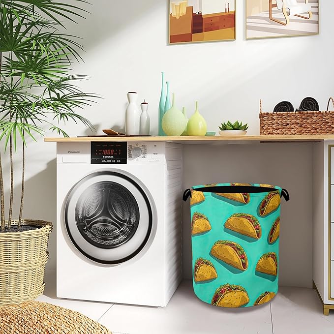 Mexican Taco Laundry Hamper,Dirty Clothes Laundry Basket with Handles Waterproof Oxford Cloth Storage Basket for College Dorms Bathroom Bedroom 16" x 20.8"
