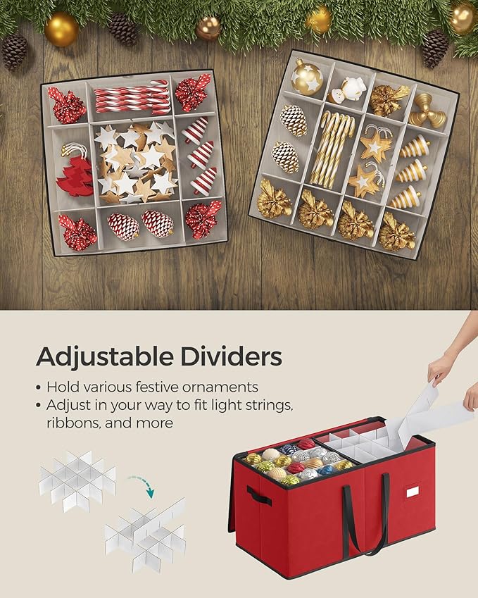 SONGMICS Christmas Ornament Storage Box, Dual Zippers, Stackable Christmas Storage Container with Lid, 8 Trays, 600D Oxford, 3-Inch 128 Slots, Cherry Red URFB035R01