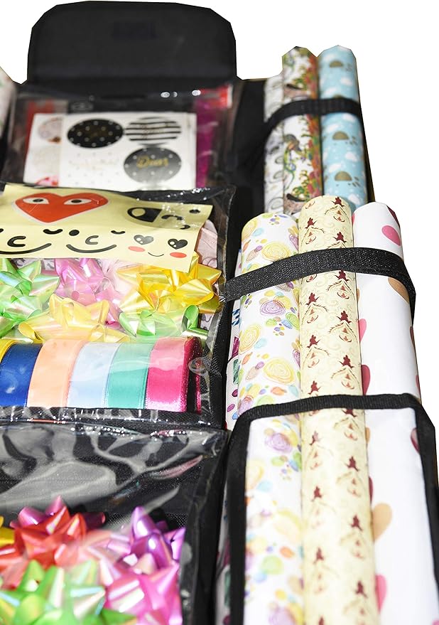 Freegrace Double Sided Hanging Gift Wrap Organizer | Large 16" x 41" Wrapping Paper Rolls Storage Bag | Tearproof & Space Saving Closet Gift Bag Organization Solution (Black)