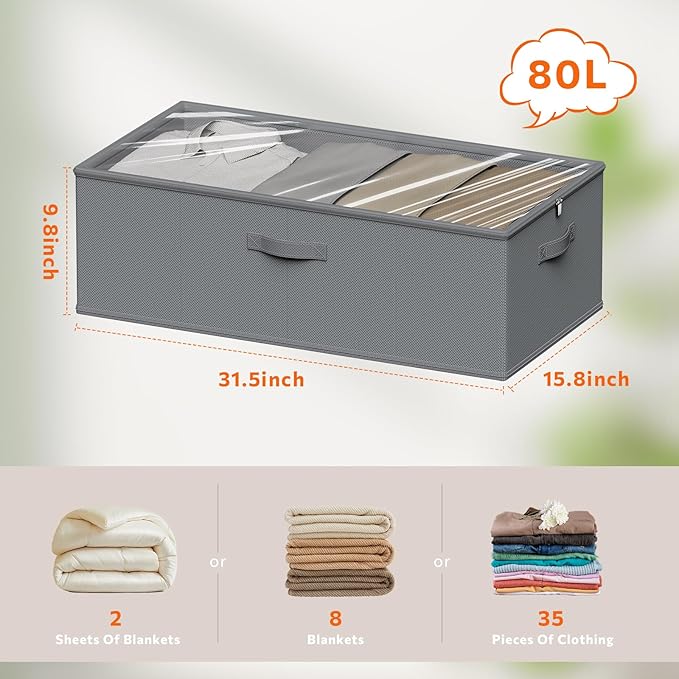 Chizjox 10inch 3 Pack Under Bed Storage Containers, 10 Inch Tall Underbed Clothes Storage Organizer Bin with Clear Window，Foldable Box Basket for Clothes, Closet, Bed Sheets and Blankets Gray