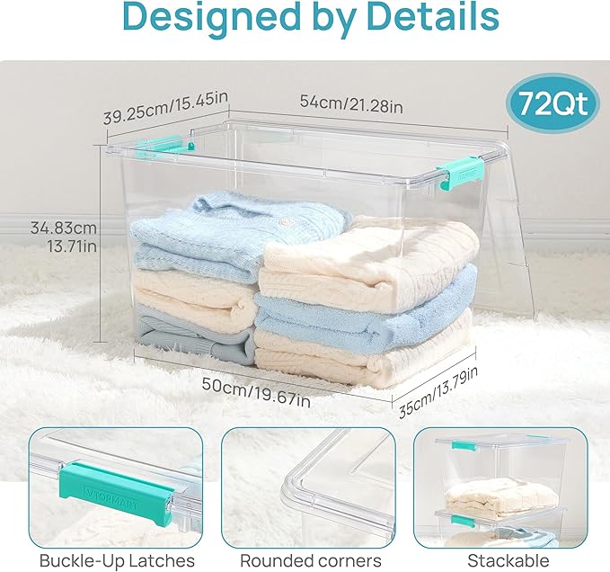 Vtopmart 2 Pack 72 QT Crystal Clear Storage Bins with Lids, 4 Pack Stackable Plastic Large Latching Boxes Totes Tubs Container for Closet Organizers and Storage, Bedroom, Clothes, Toys, Bedding