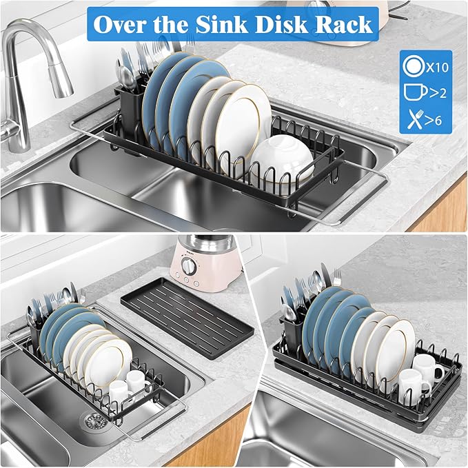 CHLORYARD Small Dish Drying Rack Over The Sink, Compact Dish Rack with Silicone Mat for Kitchen Counter, Expandable Dish Drainers Drying Rack Used in Sink & on Countertop, Black