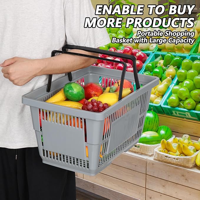 Set of 6 Plastic Shopping Basket with Handles, 28 L Plastic Grocery Baskets, Gray