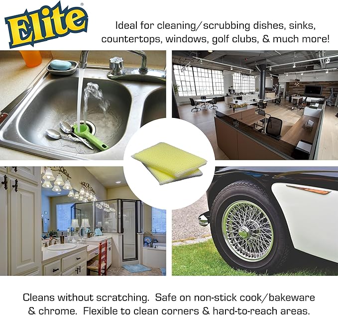 Elite PRO All Purpose Cleaning Pad, 2 Pack, Non Scratch, Dish Sponge, Scrubber, Made in USA. Large Thin Sponge for Kitchen and Household Use. Flexible to Clean Corners and Tight Spaces.