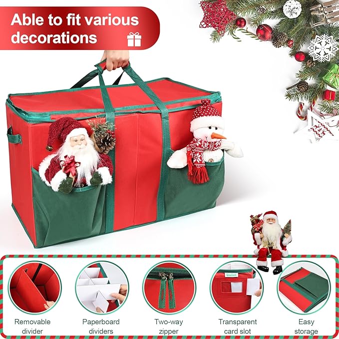Large Christmas Ornament Storage Box Stores Up to 80 Ornaments with Reinforced Handle and Double Zipper Decorative Ornament Storage Container Xmas Decoration Storage Box (Red)