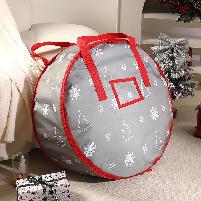 30 Inch Christmas Wreath Storage Bag, Wreath Storage Container with Carry Handles Zipper and Labeling Card Slot, Waterproof Garland Storage Container for Wreath Christmas Decoration, Grey