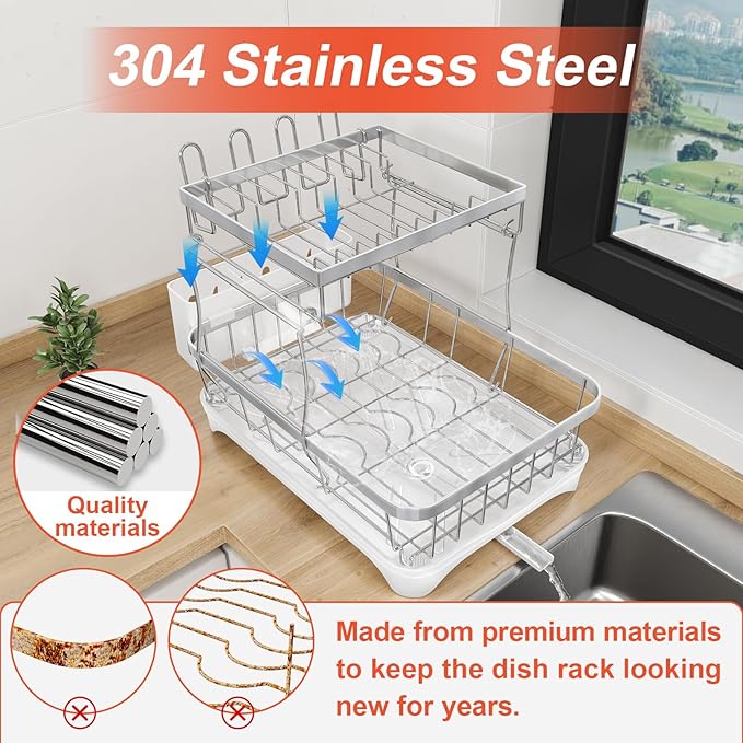 HOMEAILIE Dish Drying Rack for Kitchen Counter, 2-Tier 304 Stainless Steel Dish Rack with Adjustable Drainage Board, Removable Cup Holder, Utensil Holder, White