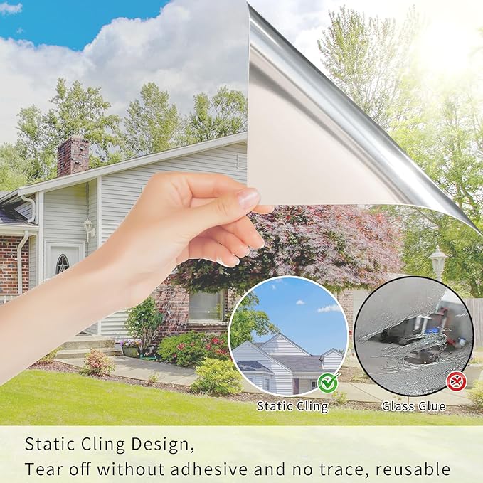 Window Privacy Film One Way Daytime Mirror Tint Treatments UV Heat Control Vinyl Stickers Sun Block Glass Paper Door Covering Reflective (Silver, 41.3 Inch x 7.8 Feet)