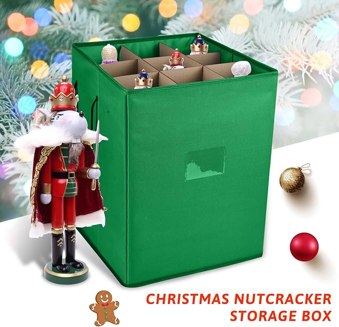 Christmas Nutcracker and Figurine Collectible Storage Box, Fits 9 Holiday Ornaments, Stores Up to 16" Tall Ornaments, Holiday Decor Organizer with Dividers, Nutcracker not Included(Green)