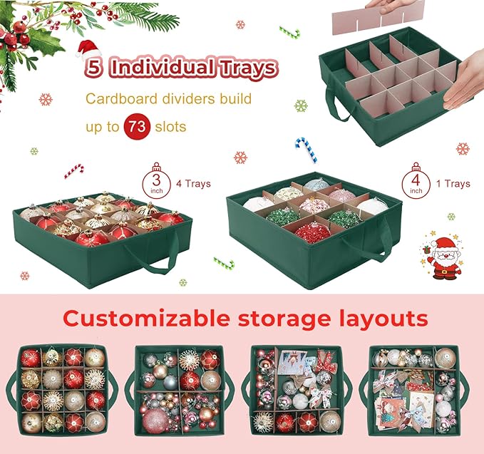 Premium 2-in-1 Large Christmas Ornament Storage Box & Xmas Figurine Container, Nutcracker Storage with Adjustable Dividers,5 Separate Trays Keep 73 Holiday Ornaments, 600D Tear-Proof Oxford, Foldable
