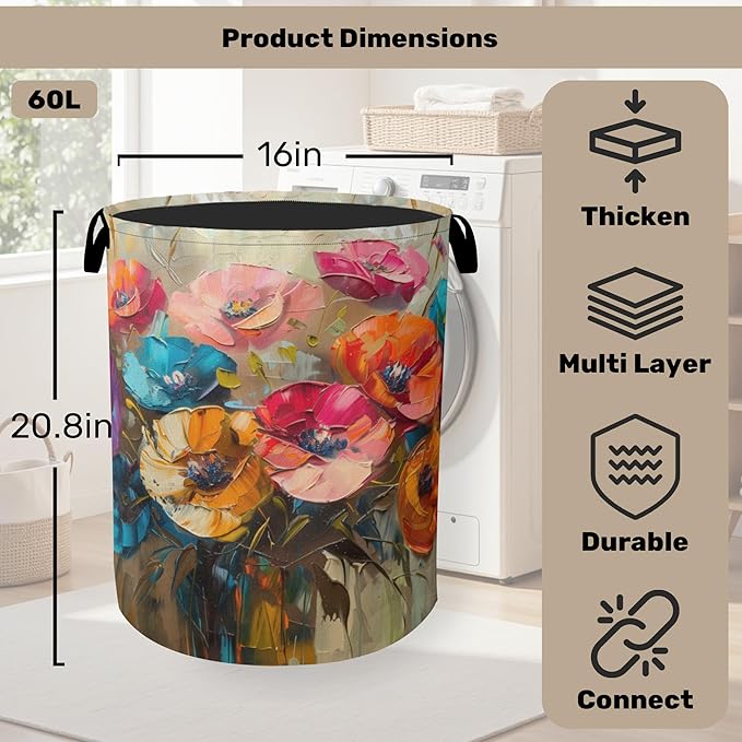 Modern Floral Oil Painting Laundry Basket - Heavy Duty 60L Dirty Clothes Organizer, Water Resistant Foldable Hamper for Men Women