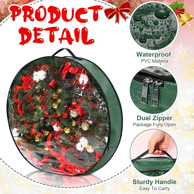Aliceset 4 Pack Wreath Storage Containers, Christmas Ornament Garland Wreath Storage Bags with Handle Dual Zipper Large Decorative Storages Box for Winter Wreaths(30 x 30 x 7.8 Inch,Green)