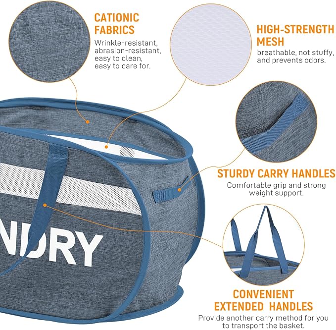 Collapsible Laundry Baskets, Foldable Laundry Basket with Dual Handles, Tear-proof Dirty Clothes Hampers for Laundry, Easy to Carry Pop Up Hamper for Bedroom, Bathroom, Dorm, Laundry Room Blue