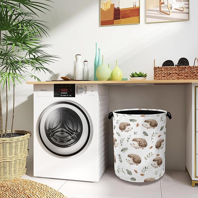 Hedgehog Laundry Hamper,Plant Leaf Dirty Clothes Laundry Basket with Handles Waterproof Oxford Cloth Storage Basket for College Dorms Bathroom Bedroom 16" x 20.8"