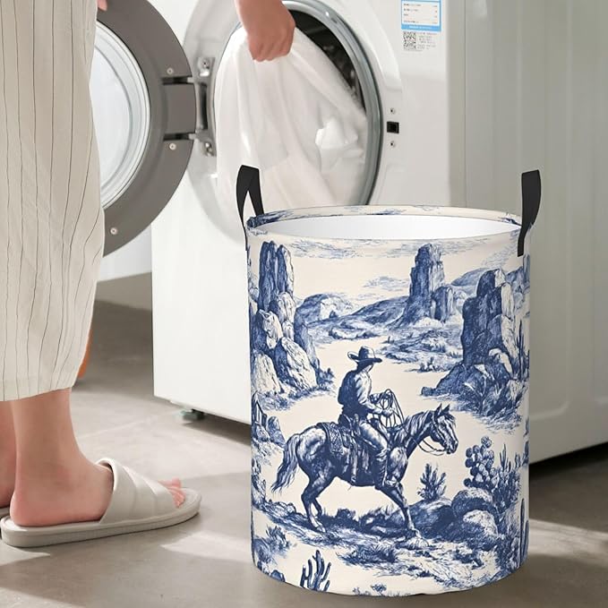 Laundry Hamper with Handles, Horse Riding Pattern, Collapsible Oxford cloth Storage Basket, Beige, 15.7x19.6 Inches, Cylindrical (Horses and Floral Pattern)