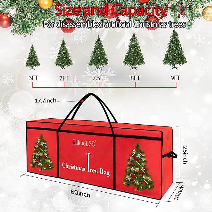 Christmas Tree Bags Storage 7.5 Ft Christmas Tree Storage Bag, Reusable Heavy Duty 600D Oxford Santa Tree Box/Container/Holder for Large Artificial Xmas Tree/Holiday Trees Red(60X18X25in)
