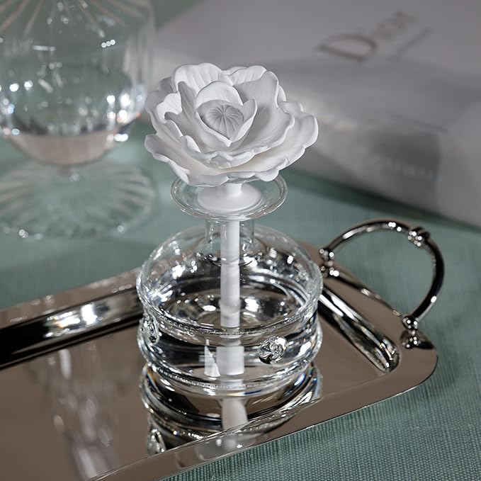 Zodax Grand Casablanca Porcelain Oil Diffuser - Home Fragrance Oil Diffuser Ideal for Living Room, Bathroom, Office - Flower Design - Gift Box Packaging Included - Tahitian Gardenia - 6.76 Oz.