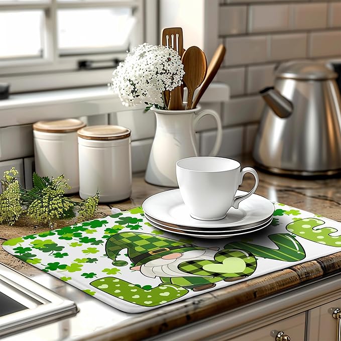 St Patrick's Day Gnomes Dish Drying Mat Shamrock Green Spring Kitchen Dish Drying Pad Absorbent Dish Dryer Mat for Kitchen Countertops Microfiber Dishes Drainer Pad Dish Drying Rack Mat (18x24 in)