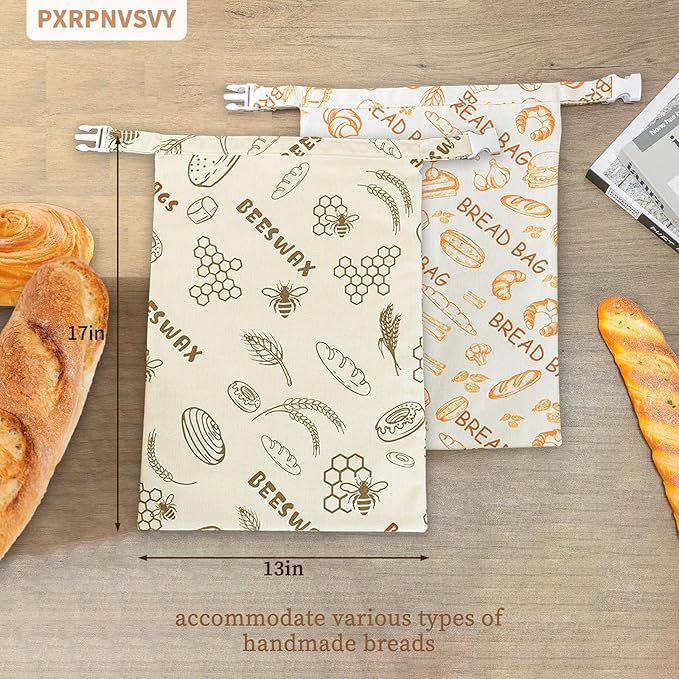 2-PACK Beeswax Bread Bag - Reusable Food Wrapor Homemade Sourdough Loaf,to Keep Fresh Fridge-Safe Beeswax Perfect for Cheese, Fruits Washable & Sustainable Alternative to Plastic