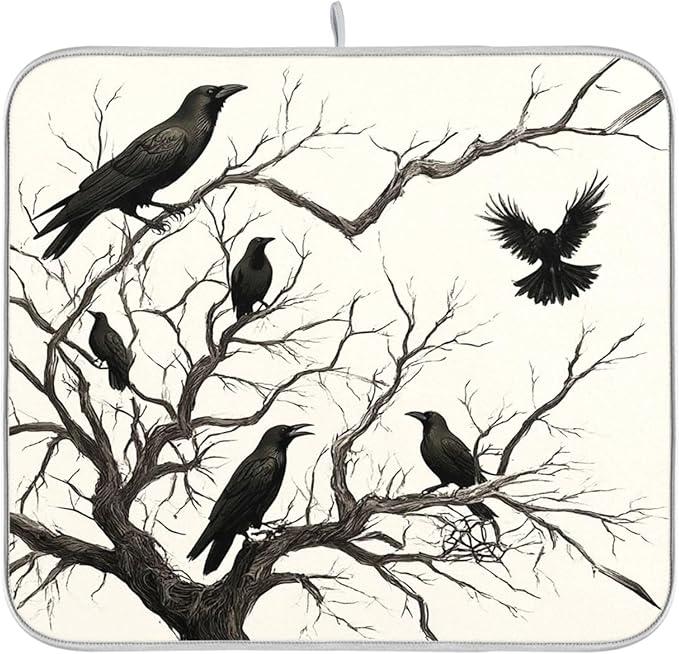 Halloween Raven Dish Drying Mat for Kitchen Countertop 16x18 Black Bat Spooky Small Drying Mat Reusable Quick Dry Dish Sink Mats Easy Clean Decorative Essentials