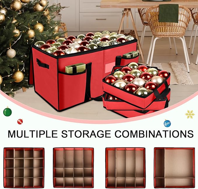 Christmas Ornament Storage Box with Dividers, Christmas Balls Storage Containers with Zipper & 8 Removable Trays, Holds Up to 128 Balls - 600D Oxford Christmas Decoration Storage Organizer (Red)