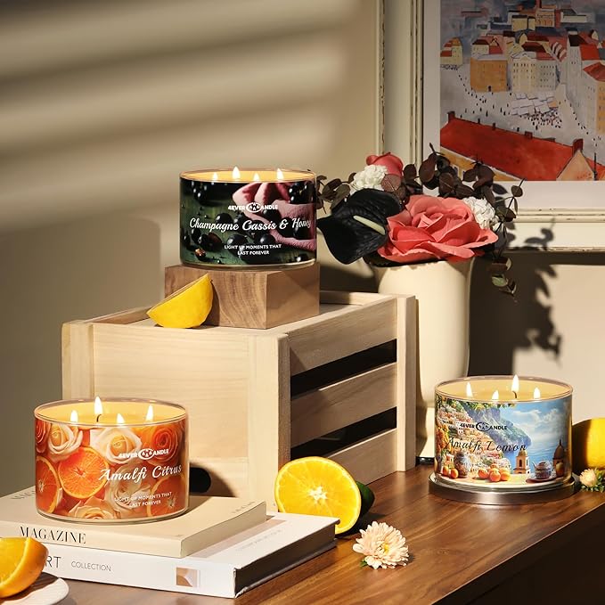 4EVER Scented Candles | 4-Wick 18oz Soy Wax Candle | Up to 50Hrs Clean Burn | Aromatherapy Candles for Home Scented | Gifts for Women & Mom, Champagne Cassis & Honey