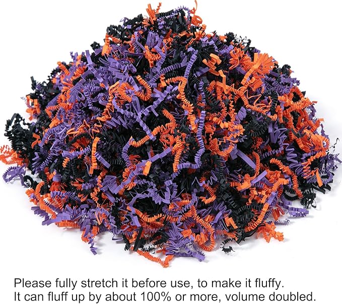 Mefleet 1 LB Halloween Crinkle Cut Paper Shred Filler Orange & Purple & Black Crinkle Shredded Paper for Boo Basket - Gift Box Bag Filler - Grass Cushion Stuffing for Halloween Wrapping
