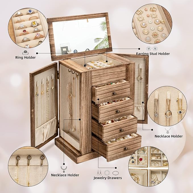 Emfogo Jewelry Box for Women, 5 Layer Large Wood Boxes & Organizers for Necklaces Earrings Rings Bracelets, Rustic Organizer with Drawers and Mirror(Carbonized Black)