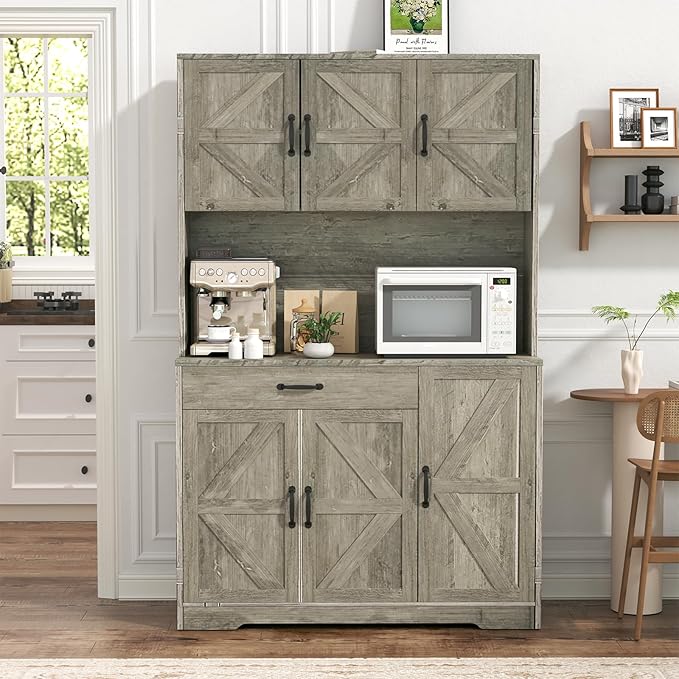 71" Pantry Cabinet with Charging Station, Large Capacity Kitchen Hutch Storage Cabinet, Kitchen Cabinet with Microwave Stand, Storage Drawers & Adjustable Shelves for Dining Room, Grey