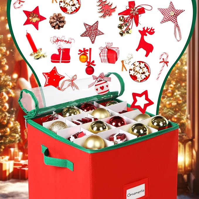 Chengu 2-pack Christmas Ornament Storage Stores up to 64 Christmas Ball Accessories Holder with Adjustable Dividers, Zippered Closure Two Handles for Holiday Ornaments and Xmas Decorations(Bright Red)