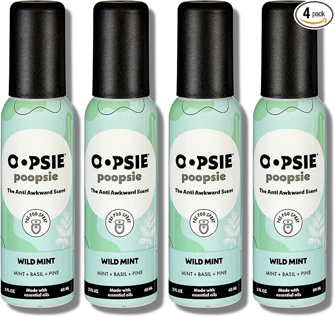 Oopsie Poopsie Pre Poop Spray - 4 Pack Natural Pre Poo Toilet Spray for Bathrooms, Trap Odors & Eliminate Embarrassment, 2oz Travel Size Pre Poo Air Freshener Spray (Wild Mint)
