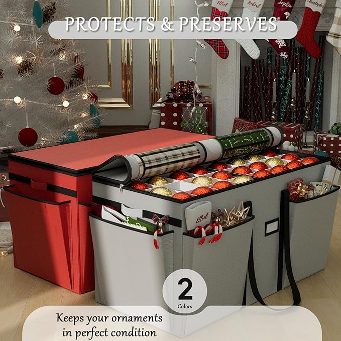 VERONLY Christmas Ornament Storage Box with 8 Trays, Christmas Storage Container for 128-3'' Holiday Ornament Decorations, Large Xmas Organizer with Adjustable Dividers, Dual Zipper and Pocket