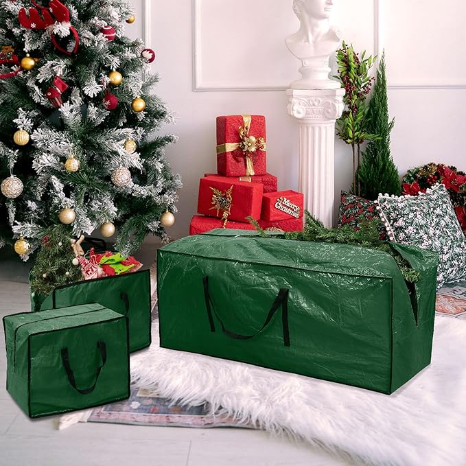 Christmas Tree Storage Bag 9 ft (3pc Set), Fits Up to 9 Foot Artificial Trees, Plastic Water Resist Xmas Tree Bag, Reinforced Handles&Zippered&Durable, Holiday Decoration Storage Bags, Green