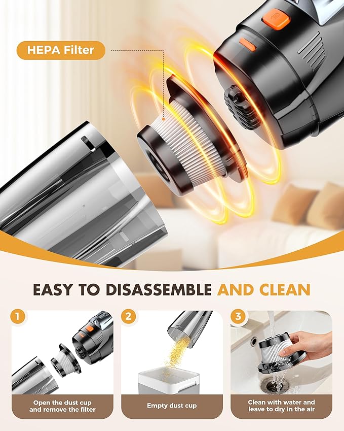 Handheld Vacuum Cordless 25000PA Powerful Suction, Portable Car Vacuum, 3 in 1 Hand Held Vacuum Rechargeable 8000mAh with LED Light, HEPA Filter, Home, Car Seats, Office, Pet Hair, Dust Buster