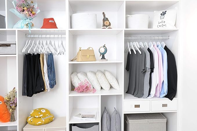 Quality Wooden Skirt Hangers with Clips, 20-Pack Semi Curved, Smooth Solid Wood Pants Hangers with Durable Adjustable Metal Clips, Swivel Hook, Coat, Jacket, Blouse Suit Hangers (White, 20)
