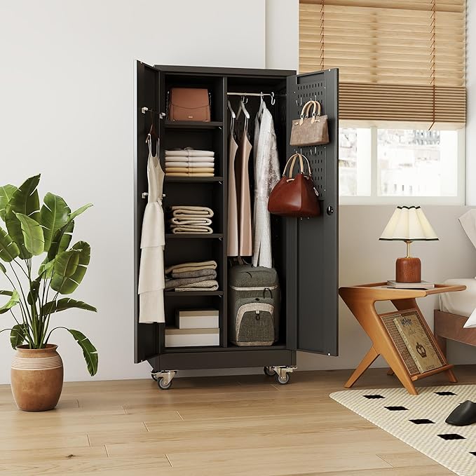 Metal Broom Closet Storage Cabinet, Garage Storage Cabinet with Wheels, 5 Pegboard, Hanging Rod and 13 Hooks for Garage Home, Black, Assembly Required, 61.7" H x 27.6" W x 13.8" D